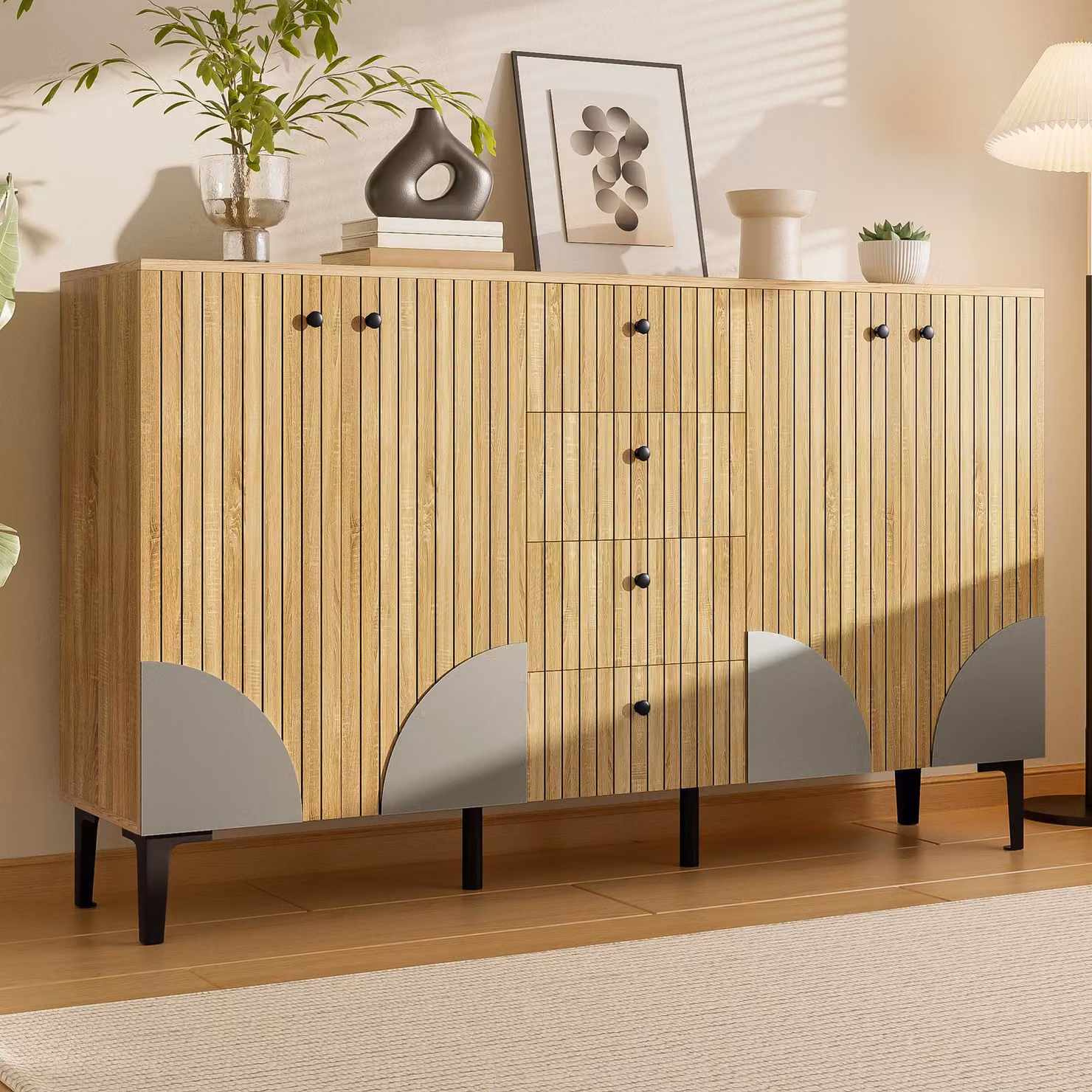 Merax Mobile contenitore moderno con gambe in PVC nero, credenza in legno con 4 ante e 4 cassetti, credenza per soggiorno e sala da pranzo, natura
