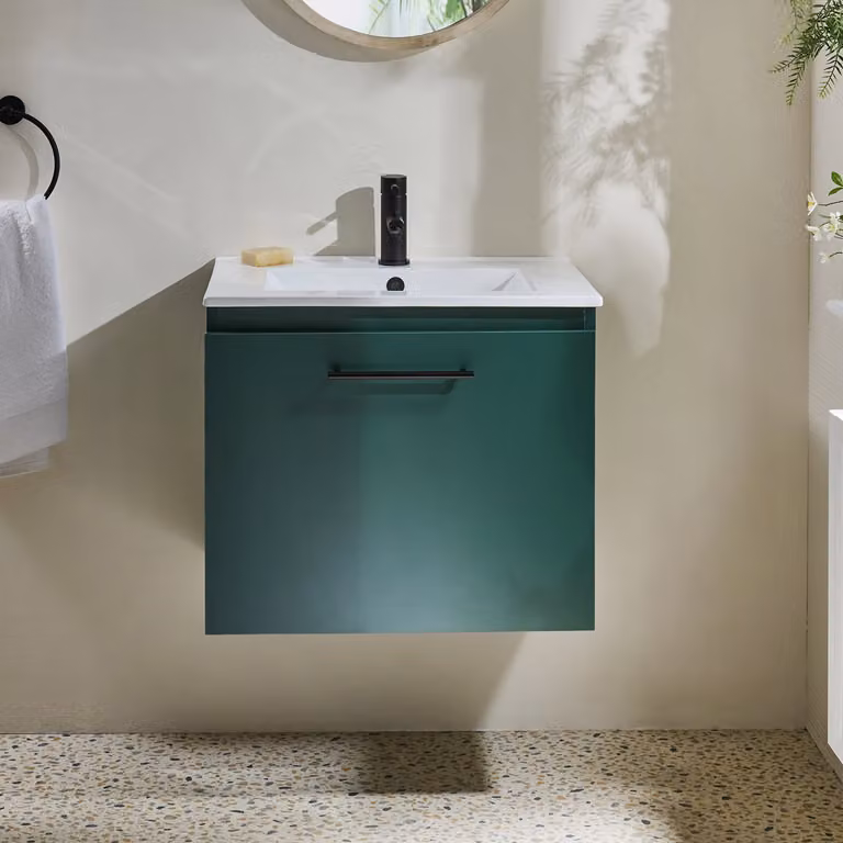 Mobile Bagno Verde Scuro Sospeso da 600mm con Lavabo e Maniglia Nere con Barra a T - Cluo