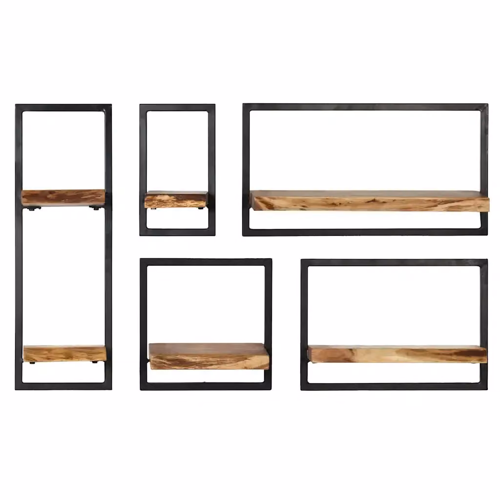 Set di 5 mensole in legno massello di acacia e acciaio in stile industrial, colore marrone – 2