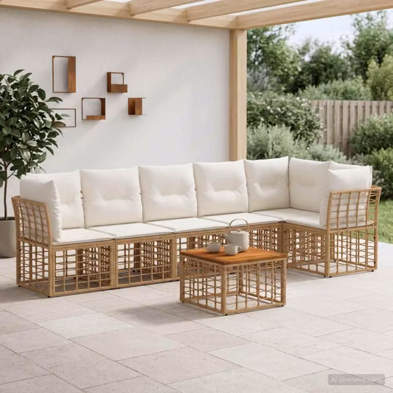 Maison Exclusive - Set da giardino composto da 7 pezzi. Divano in rattan sintetico naturale e color crema