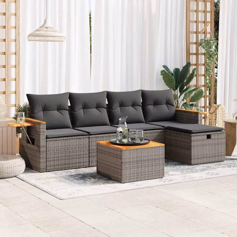 Set Divano da Giardino vidaXL 6 pz in Polyrattan Grigio con Cuscini e Tavolino
