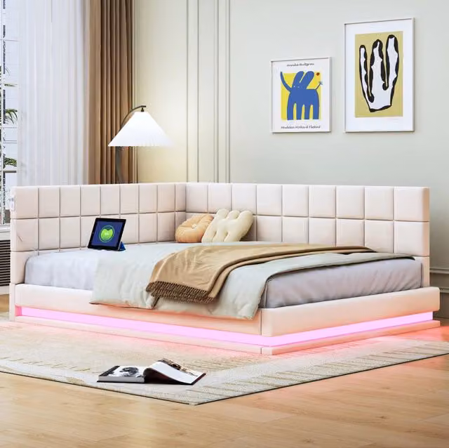 Letto divano imbottito beige con illuminazione LED, porta USB e rete a doghe, L/P: 140 x 200 cm