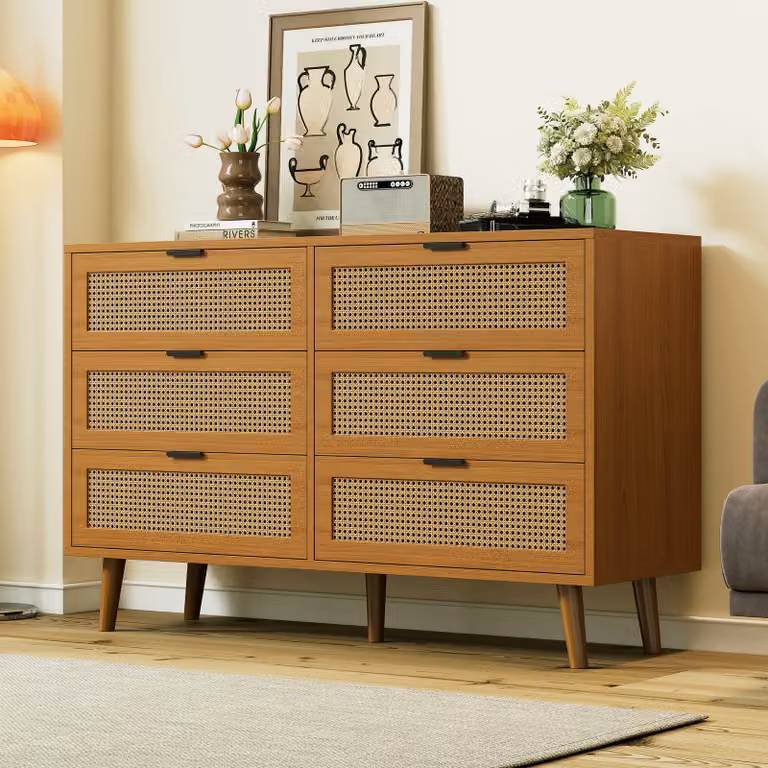 Cassettiera in rattan Flieks con 6 cassetti, cassettiera credenza con gambe in legno massiccio, credenza mobile da soggiorno, 120x40x76,5 cm, Noce