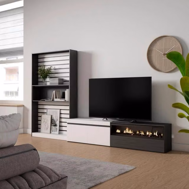 Mobile TV per soggiorno Skraut Home con camino elettrico, Bianco e nero, L: 310 cm, P: 35 cm, H: 186 cm – 1