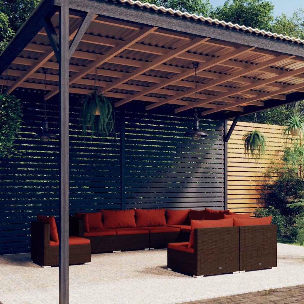 Set di divani da giardino vidaXL 9 pz in polyrattan marrone con cuscini e struttura in acciaio