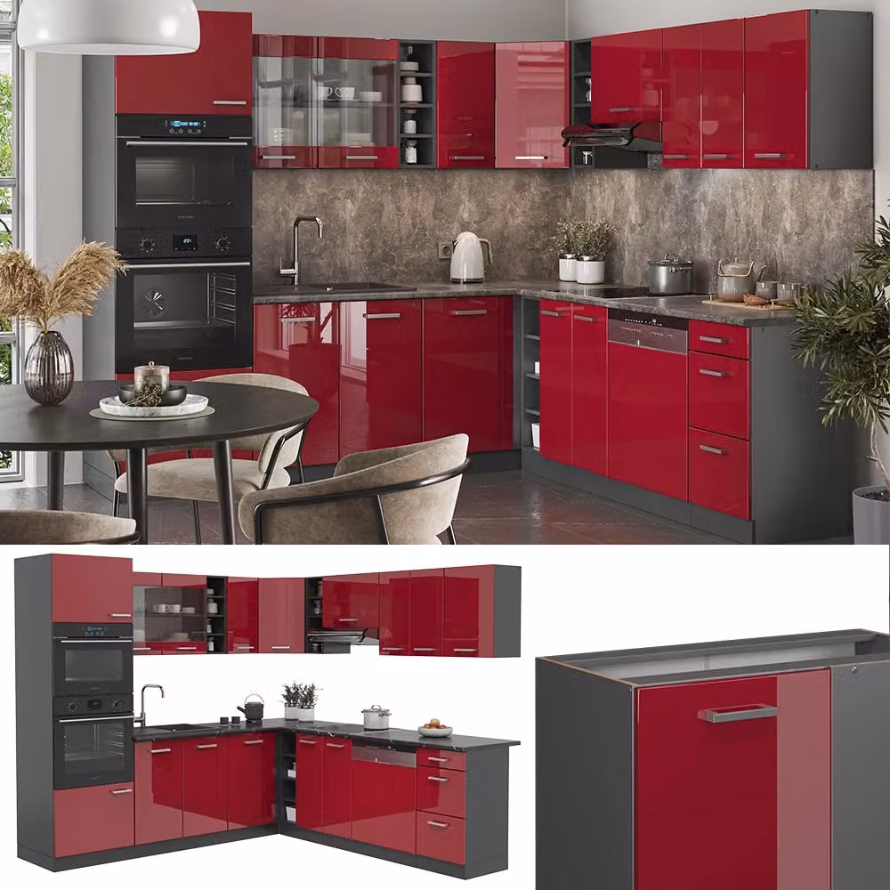Cucina angolare moderna Vicco R-Line in rosso lucido e antracite, senza piano di lavoro, L: 247 cm, P: 237 cm – 2