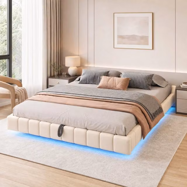 Letto matrimoniale imbottito 180 × 200 cm con vano contenitore LED in lino beige struttura sospesa in metallo