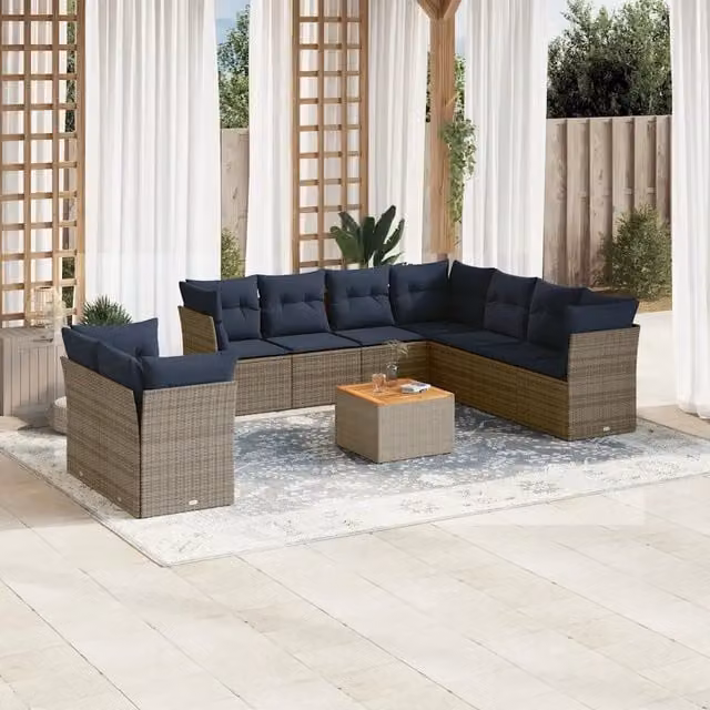 Set Divani da Giardino 10 pz con Cuscini in Polyrattan Grigio 3256047