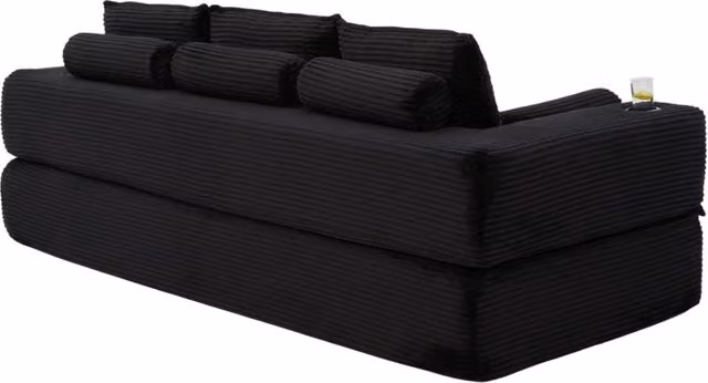 Divano letto in velluto a coste per 3 persone con schiuma ad alta densità, cuscini memory e portabevande integrato