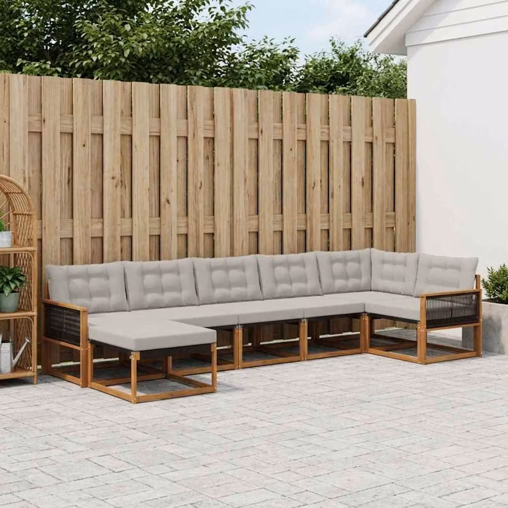 Set di divani da esterno vidaXL 7 pz in legno di acacia con cuscini beige e grigi, design moderno a L con elementi angolari e pouf, resistente alle intemperie e ai raggi UV