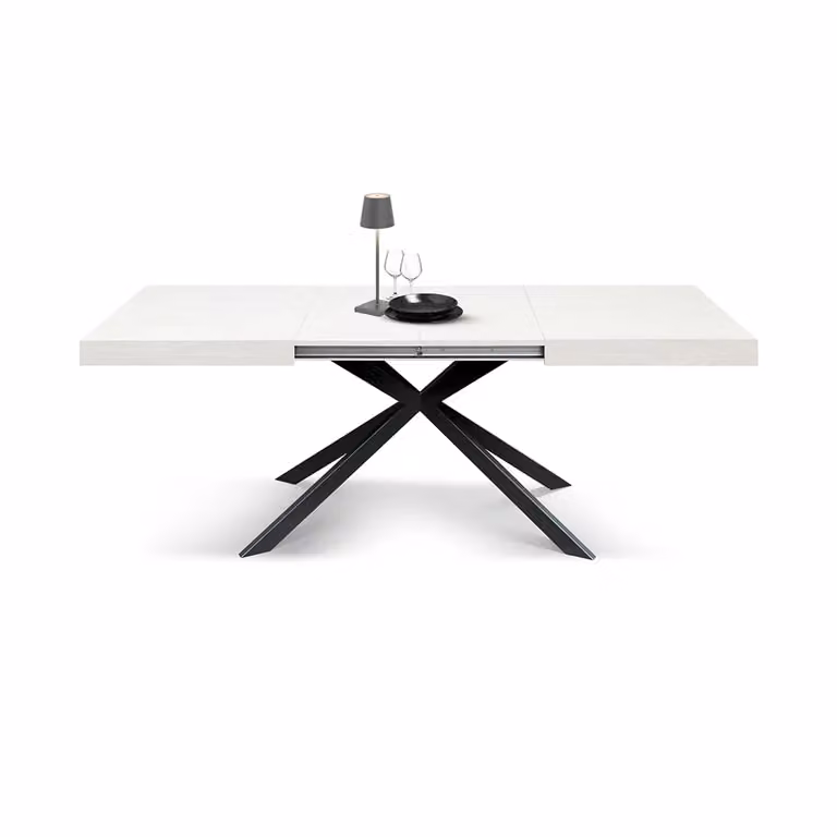 Tavolo CAMAIORE in legno, finitura bianco frassinato e base a X in metallo antracite, allungabile 180×90 cm - 260×90 cm