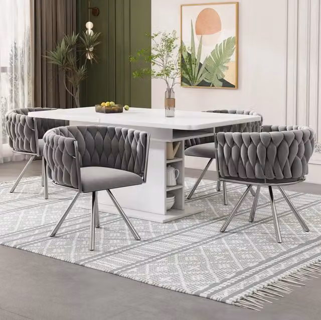 Set 4 sedie da pranzo girevoli 360° in velluto grigio con struttura in acciaio
