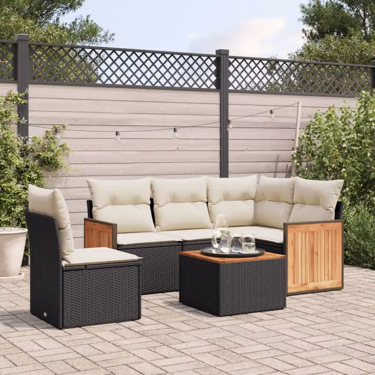 Set Divano da Giardino a L vidaXL in Polyrattan Nero con Cuscini e Tavolino da Esterno