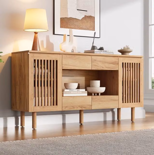 Madia 140x35x71 cm in MDF color legno naturale; 4 cassetti e 2 ante a lamelle