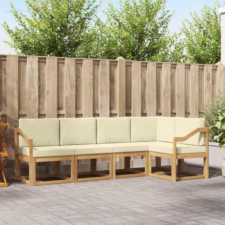 Set di divani da esterno vidaXL a forma di L in legno di acacia con cuscini, Bianco, Beige e Marrone