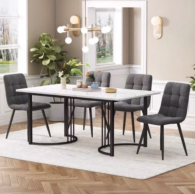 Set da pranzo 5 pezzi con tavolo 140x80 cm e 4 sedie in velluto; bianco