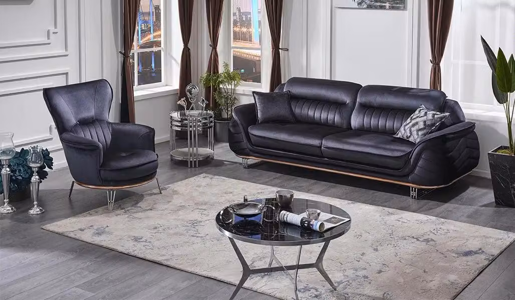 Sofagarnitur 3+1 Sitzer Wohnzimmer Schwarz Luxuriöse Sessel mit Sofa Dreisitzer