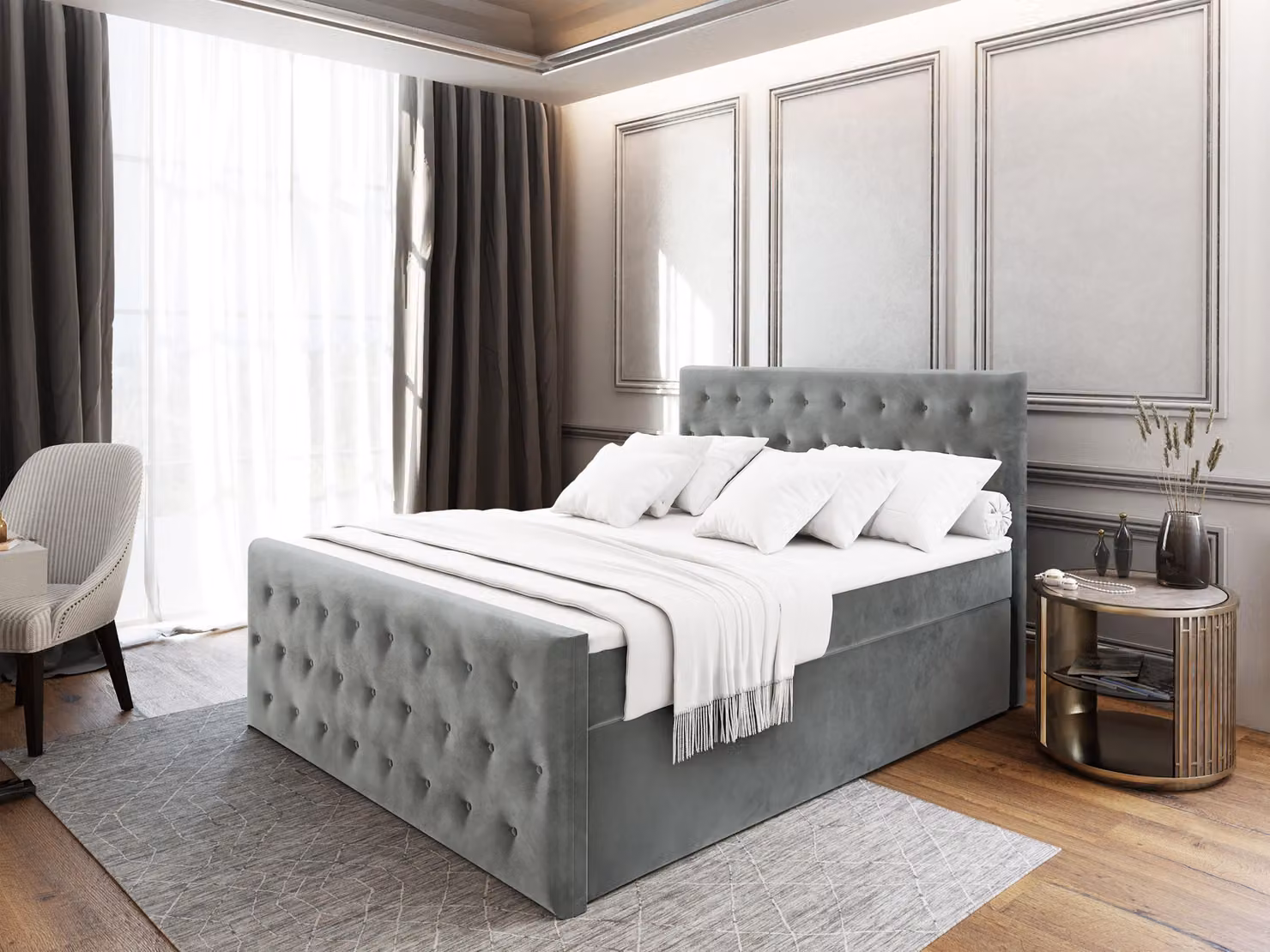 Letto a molle Masseno FONDI 140x200 cm completo di materasso e topper Bonell, letto imbottito con cassettiera - grigio chiaro, CASABLANCA 14
