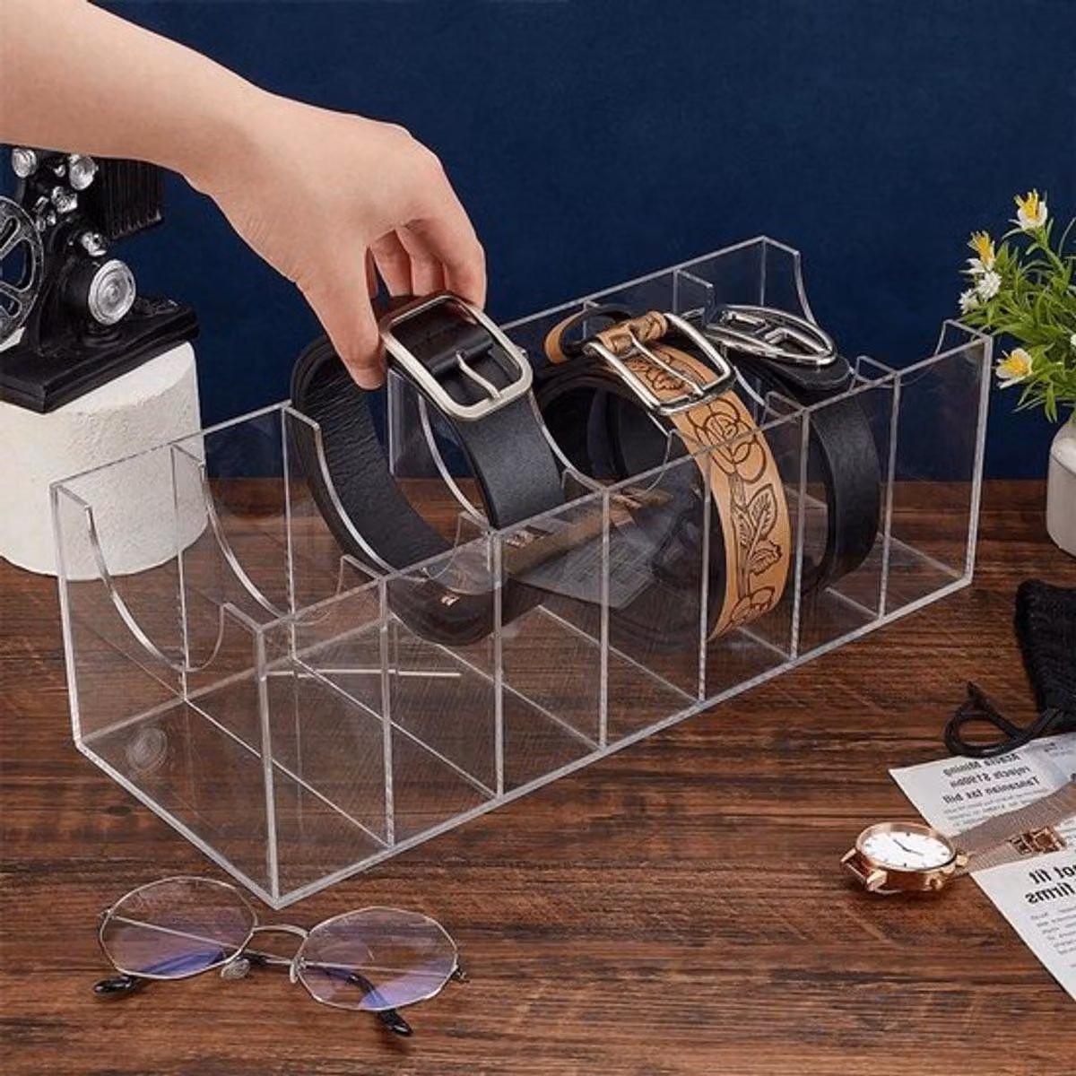 Organizzatore in acrilico con 7 scomparti per gioielli, orologi e accessori - Scatola trasparente per la conservazione, dimensioni 37,5 x 14 x 12 cm