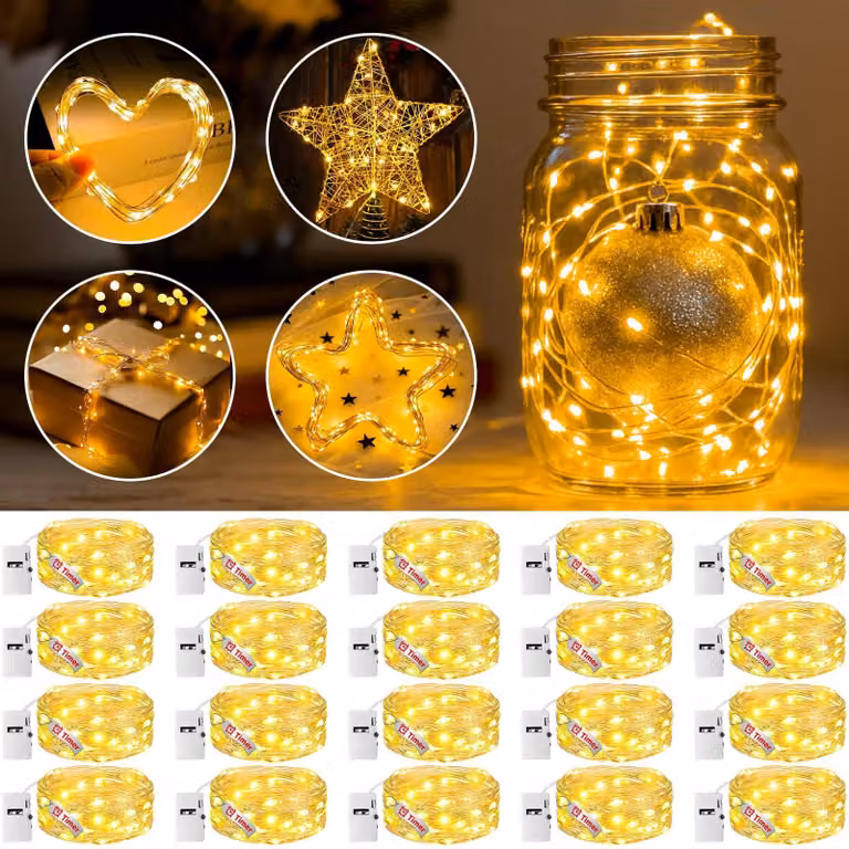 Catena luminosa a LED, 20 LED bianco caldo, con timer, 1 metro