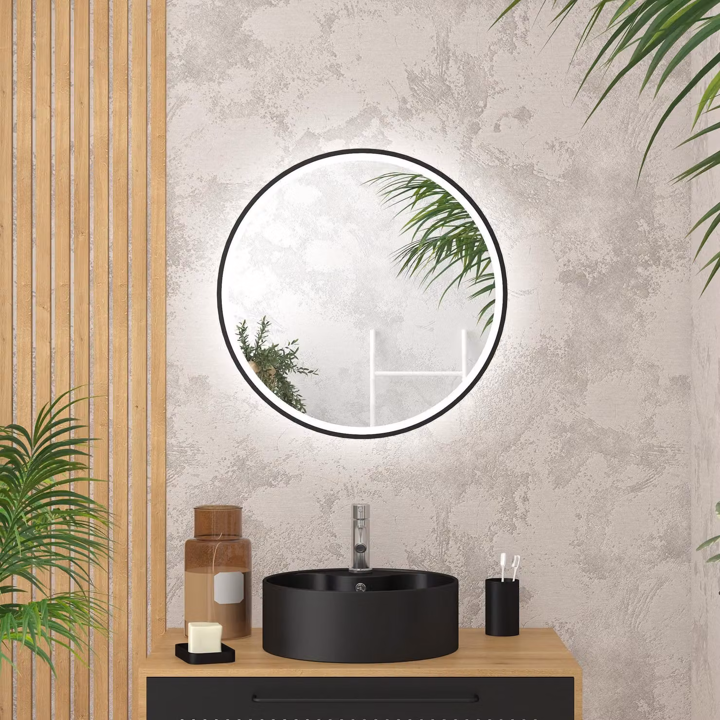 Specchio da bagno LED rotondo, diametro 60 cm, cornice nera, finitura opaca