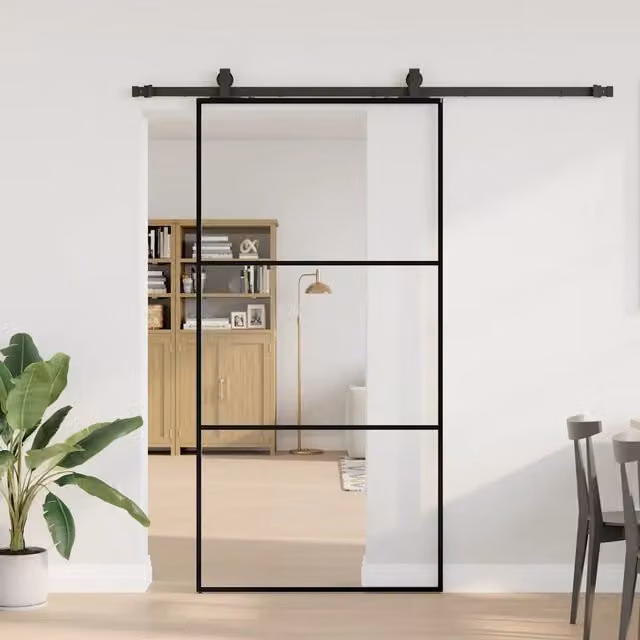 Porta Scorrevole Moderna VIDAXL in Vetro Trasparente con Telaio in Alluminio Nero L: 102 cm, H: 205 cm – 1