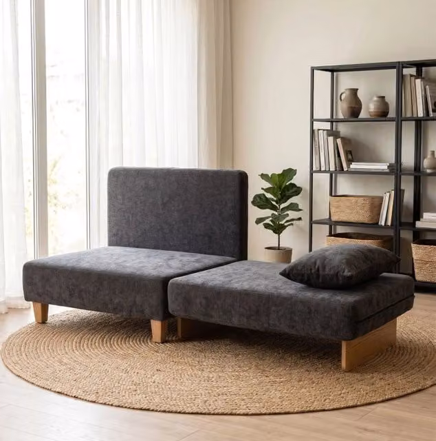 Poltrona letto 2-in-1 in poliestere grigio scuro, 183 cm, con 2 cuscini e tasche laterali