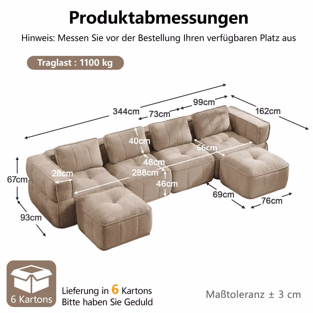 Divano modulare a U OKWISH da 4 posti con pouf, seduta profonda in poliestere, colore sabbia, L: 344 cm, P: 162 cm, H: 67 cm – 2