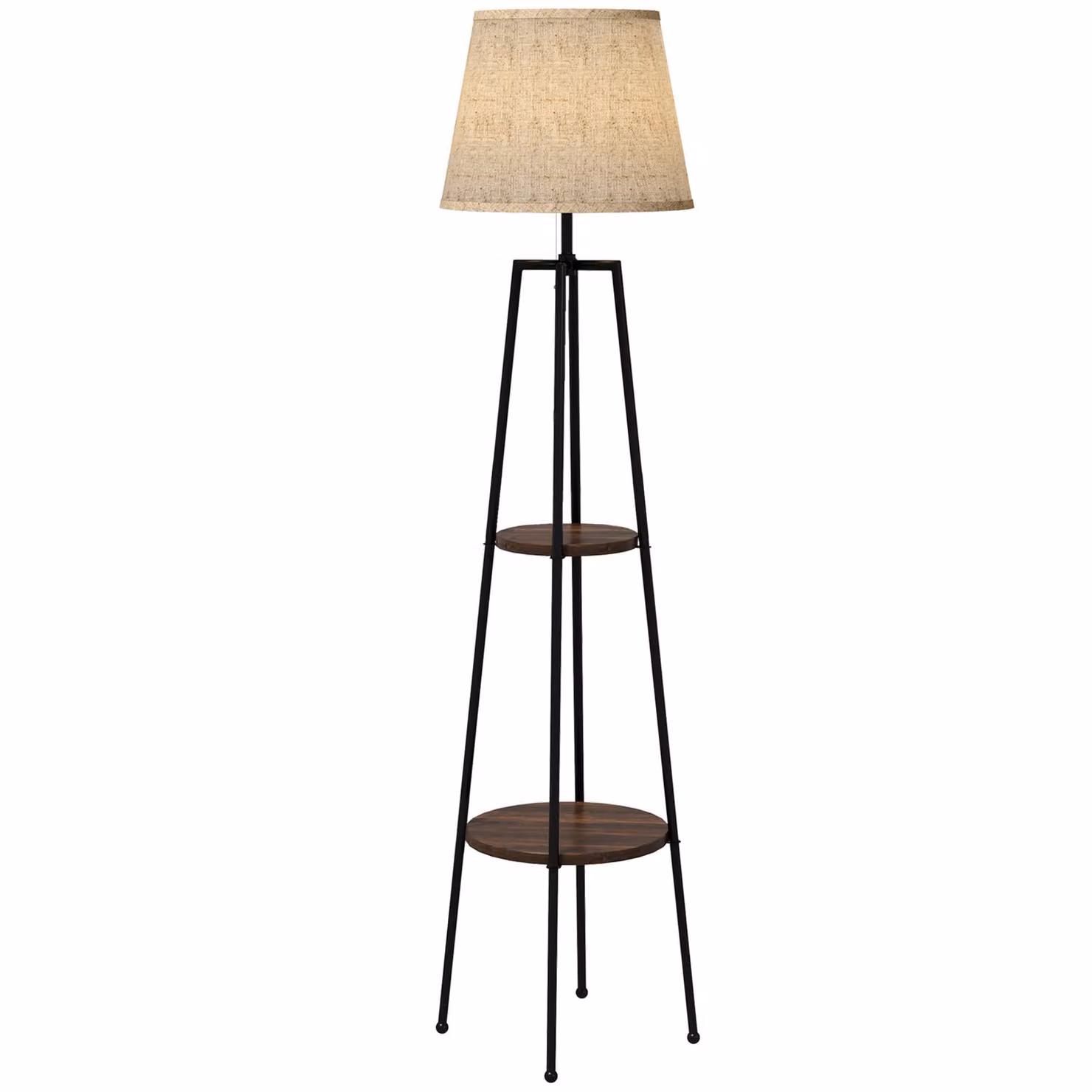 HOMCOM Lampada da terra, lampada da terra per soggiorno, 2 ripiani, attacco E27, 40 W, interruttore a strappo incluso, paralume in tessuto, metallo, design moderno, nero-marrone