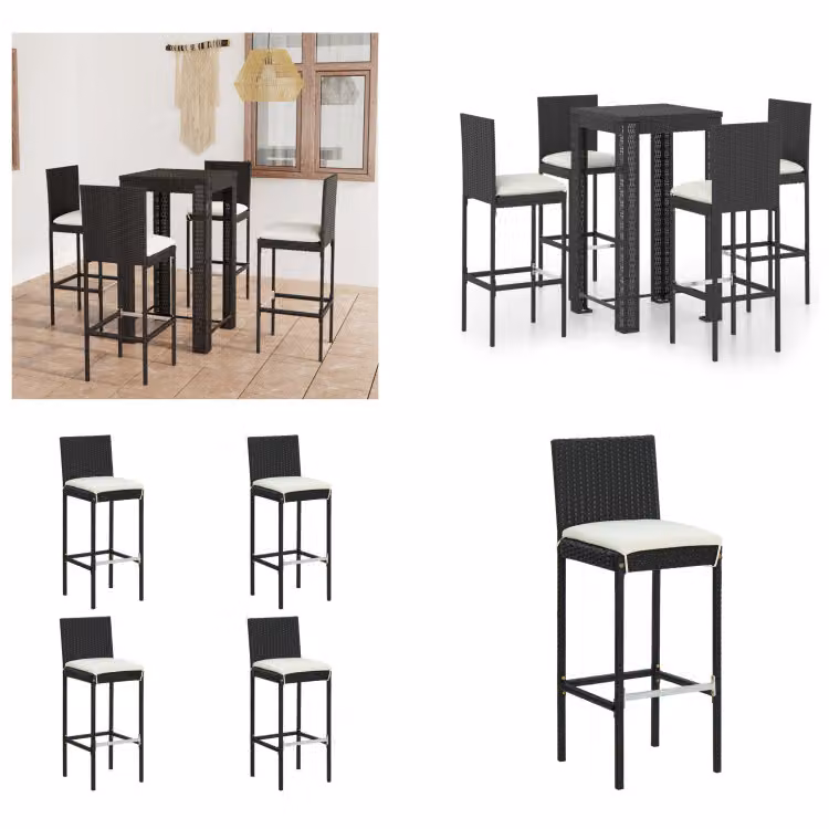 vidaXL Set da bar da giardino 5 pezzi con cuscini in poly rattan nero - Set da bar - Set da bar - Tavolo e sgabelli da bar - Tavolo da bar