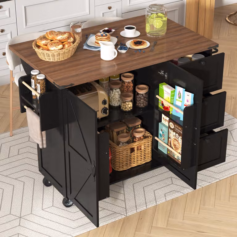 Isola da cucina MODFU con piano di lavoro estraibile, carrello da cucina a 2 ante, armadio da cucina a 3 cassetti, cassettiera con decoro in legno, nero