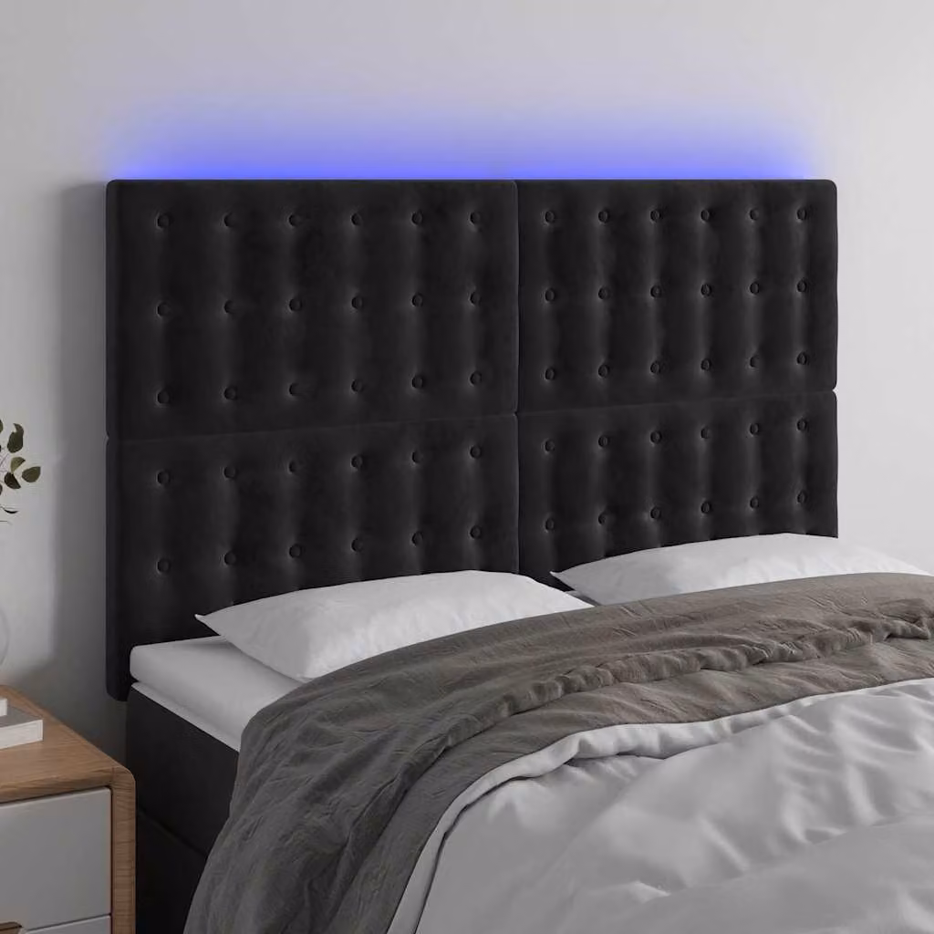 Testiera per letto vidaXL in velluto nero con illuminazione LED e porta di ricarica USB, L: 144 cm, P: 5 cm, H: 118/128 cm