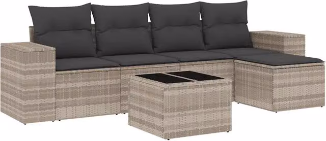 Set Divano da Giardino 6pz | Set Salotto da Giardino con Cuscini Grigio Chiaro Polyrattan