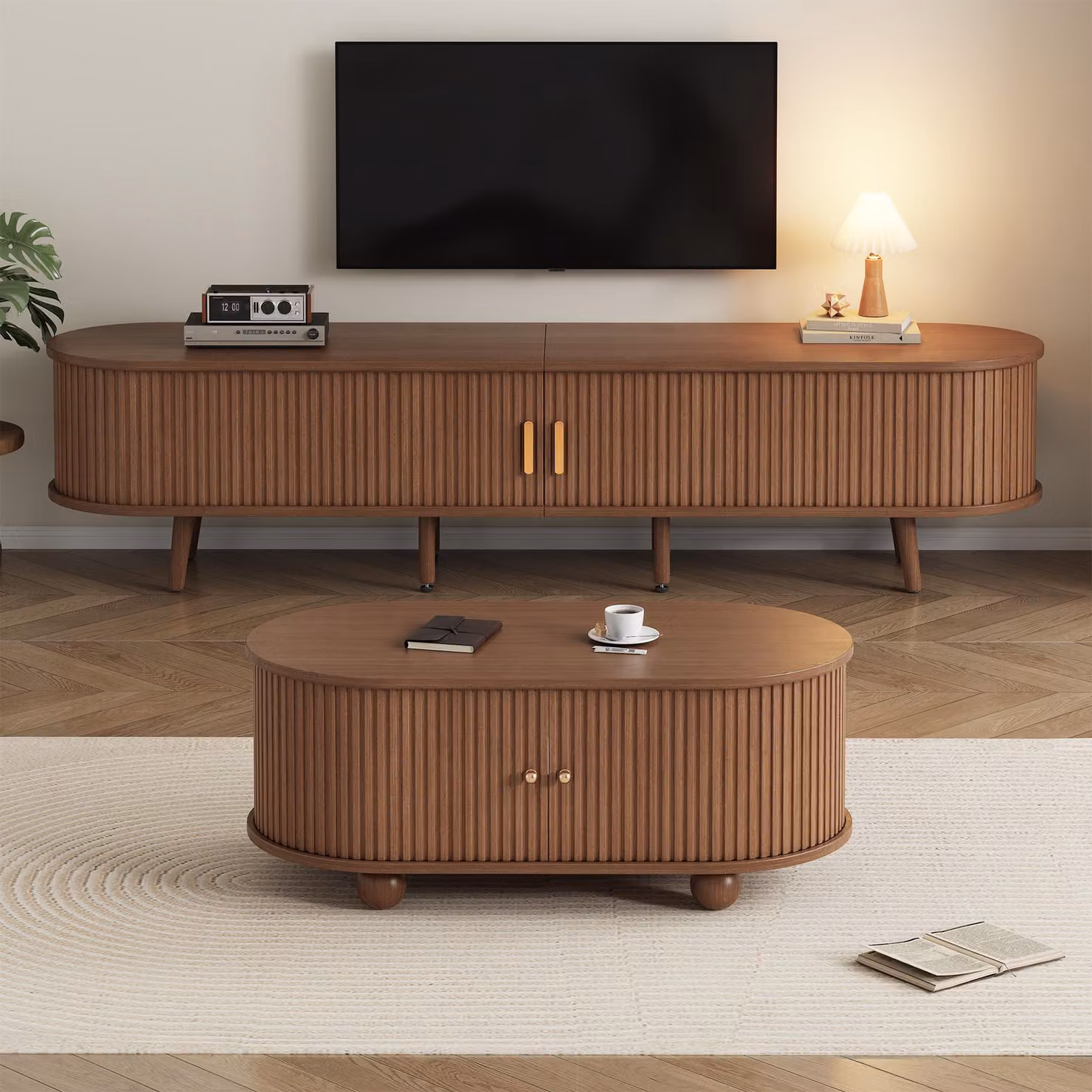 set di 2 tavolini e credenze in noce okwish, tavolo da soggiorno con ante scorrevoli, credenza dotata di doppi cassetti, tavolino per divano e credenza TV con mobili multifunzionali