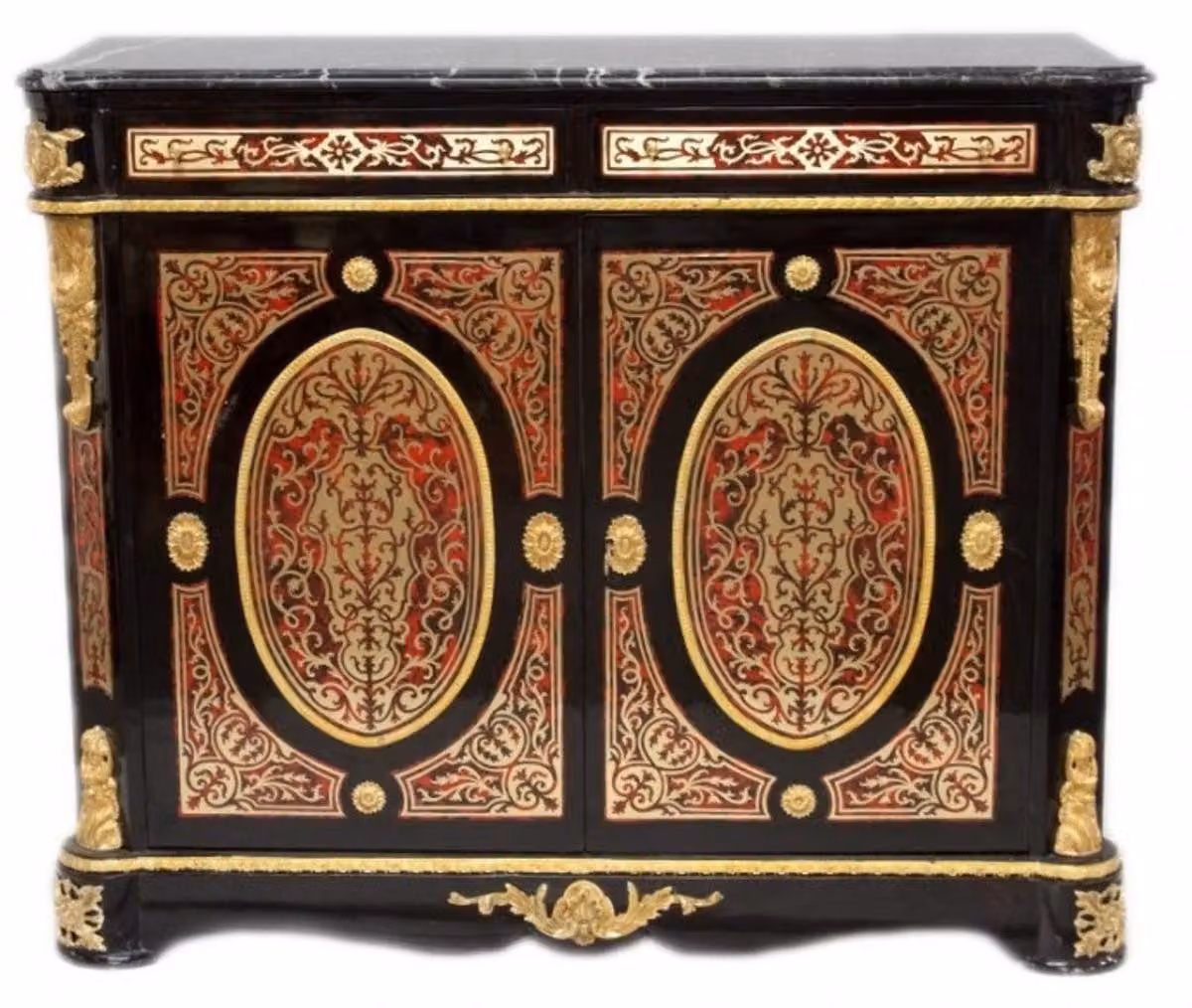 Comò in stile barocco "Casa Padrino", con intarsi "Boulle", nero, oro e rosso, con piano in marmo, 125 cm