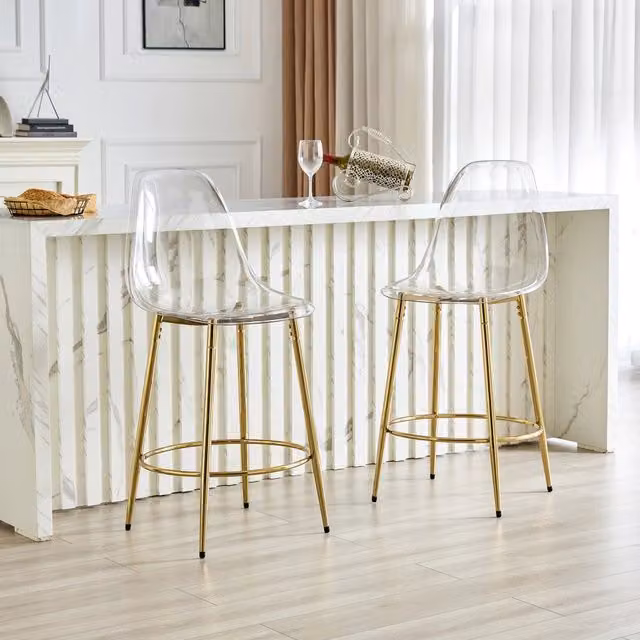 Sgabello da bar trasparente 2 pezzi con schienale ergonomico e seduta 66 cm, gambe in metallo oro, plastica trasparente
