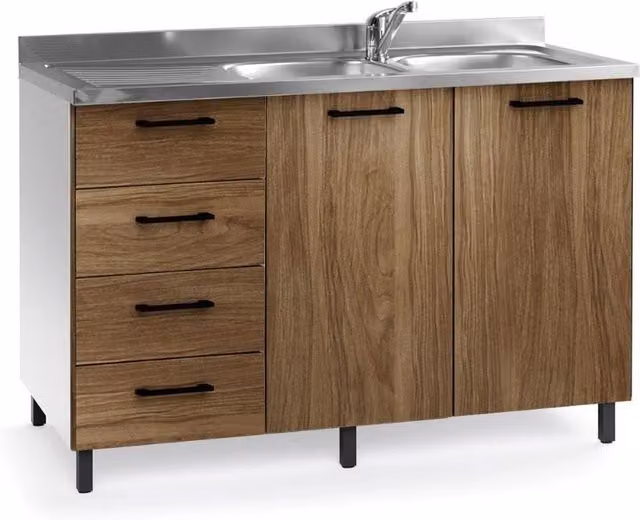 Sottolavello con cassetti e lavello 120 cm noce naturale sinistro