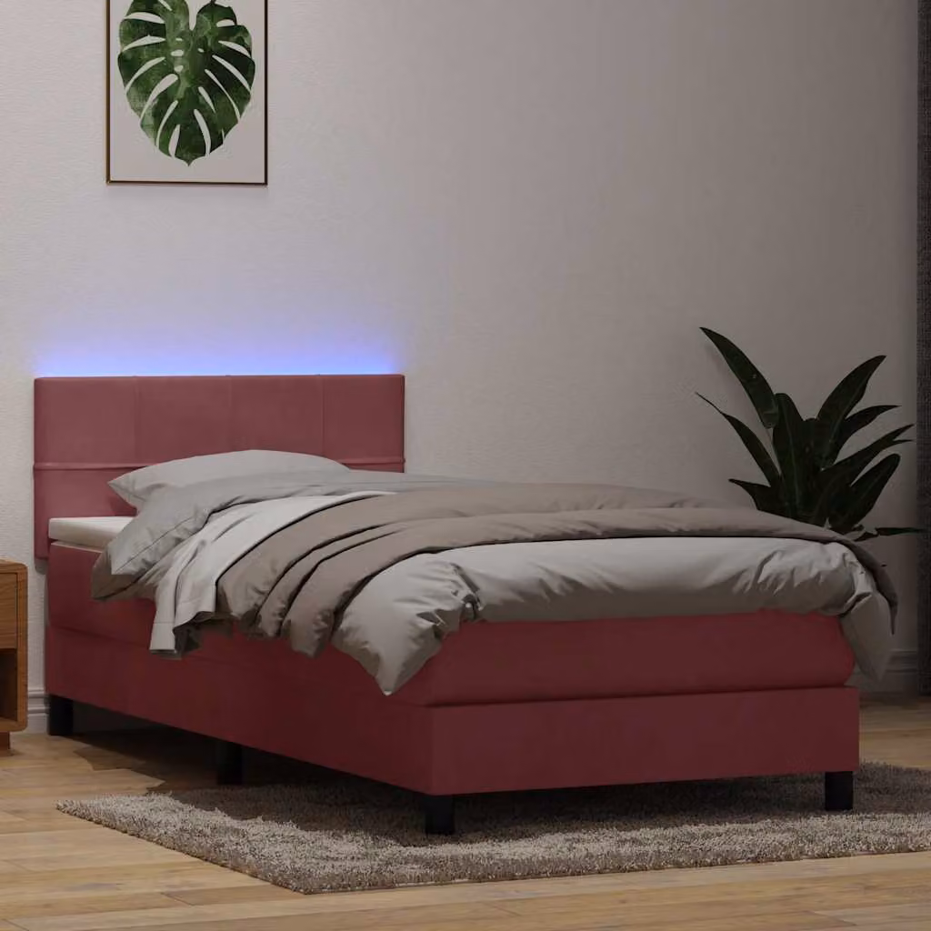 Letto a molle con materasso ibrido vidaXL in velluto rosa con illuminazione LED e porte USB L: 220 cm, P: 80 cm