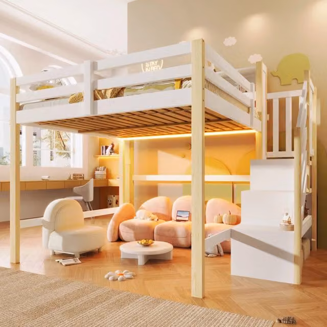 Letto a soppalco 140x200 cm con LED e scala contenitore in pino e MDF bianco naturale