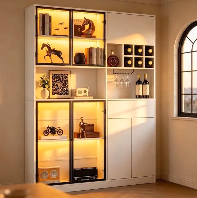 Vetrina verticale 140x30x200 cm con 7 ante; cassetto; LED Bluetooth e portabicchieri; bianca