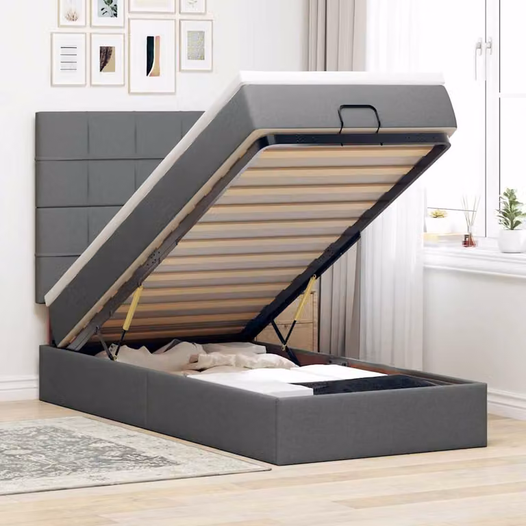 vidaXL Letto con Pouf e Materasso in Tessuto, Colore Grigio e Bianco, con Base a Sollevamento, Illuminazione Sotto il Letto e Porta USB, L/P/H: 190 x 90 x 128 cm