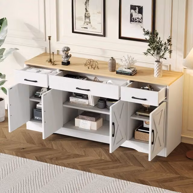 Credenza e madia 4 ante e 3 cassetti, stile industriale, per soggiorno e ingresso, MDF bianco, 160 × 37 × 75 cm
