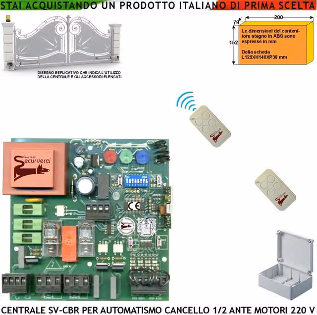 Centrale per Cancello Automatico a 2 Ante Battenti Securvera con Ricevente Integrata 433,92 MHz, 2 Radiocomandi a 4 Canali e Contenitore IP55 in Plastica, 220 V 50 Hz – 1