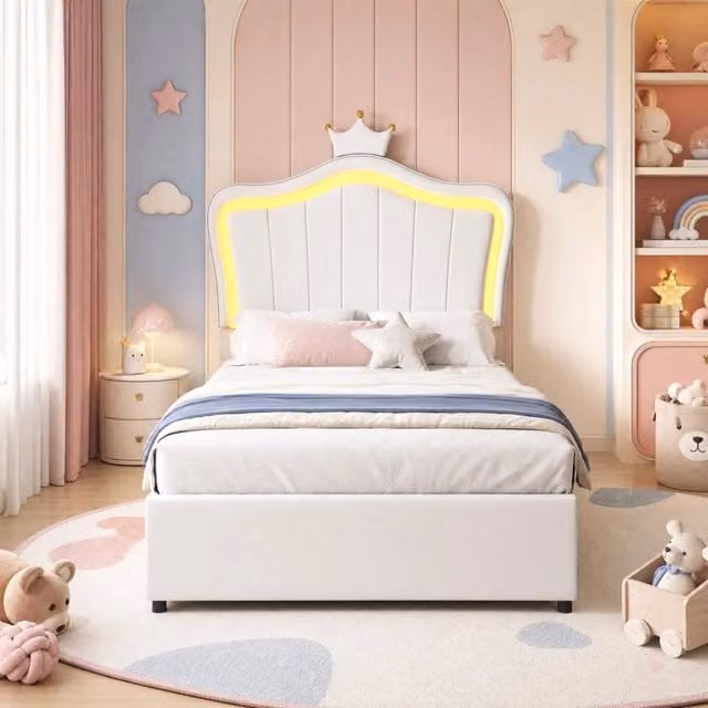 Letto imbottito 90x200 cm bianco in similpelle con LED e contenitore
