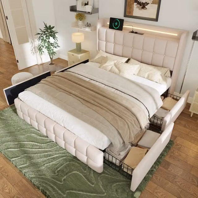 Letto matrimoniale 180 × 200 cm, 4 cassetti, prese e USB, LED regolabile, senza materasso, beige