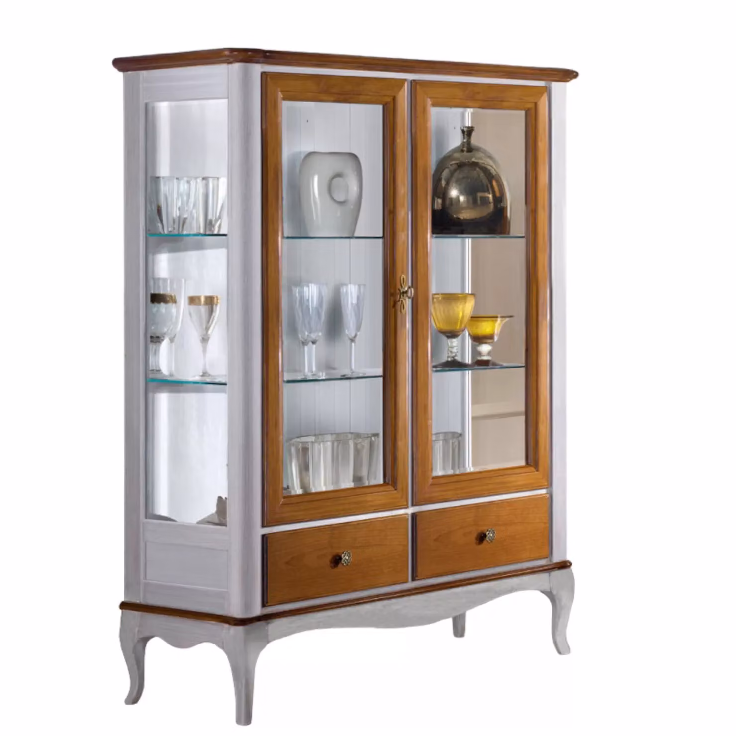 Vetrina classica in legno con ante in vetro e cassetti Mobili 2G L/P/H: 111 x 44 x 140 cm – 2