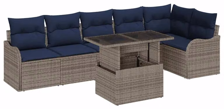Set da giardino composto da 7 pezzi, colore grigio, realizzato in rattan sintetico