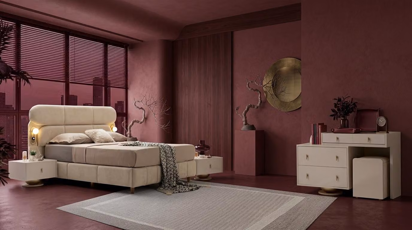 Set per camera da letto: letto, testiera, comò, 2 comodini, design moderno, colore beige