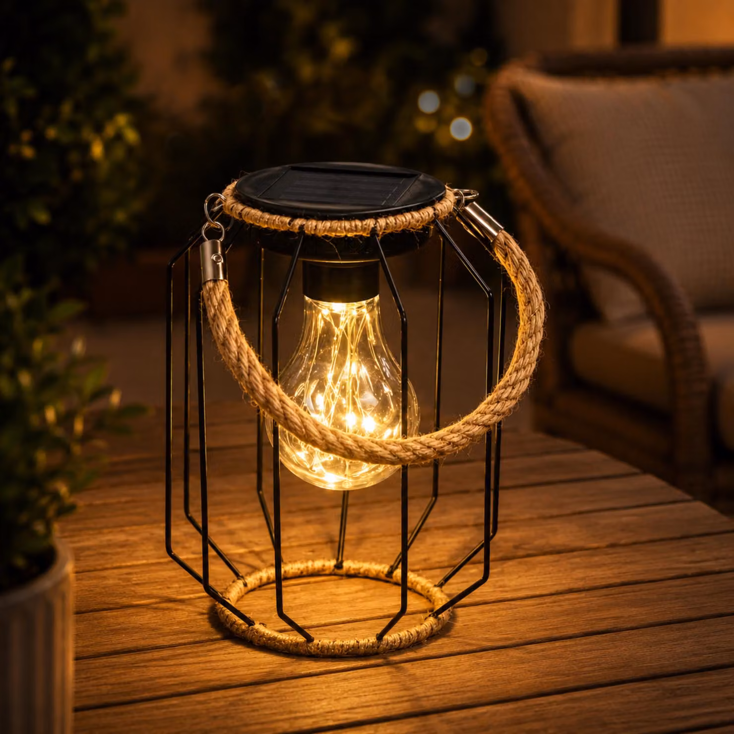 Lampada solare LUMILED da esterno, a sospensione e da terra; lanterna solare vintage con lampadina decorativa a luce bianca calda; lampada solare in metallo in stile boho con sensore crepuscolare, IP44, per giardino, balcone, terrazza, prato e cortile