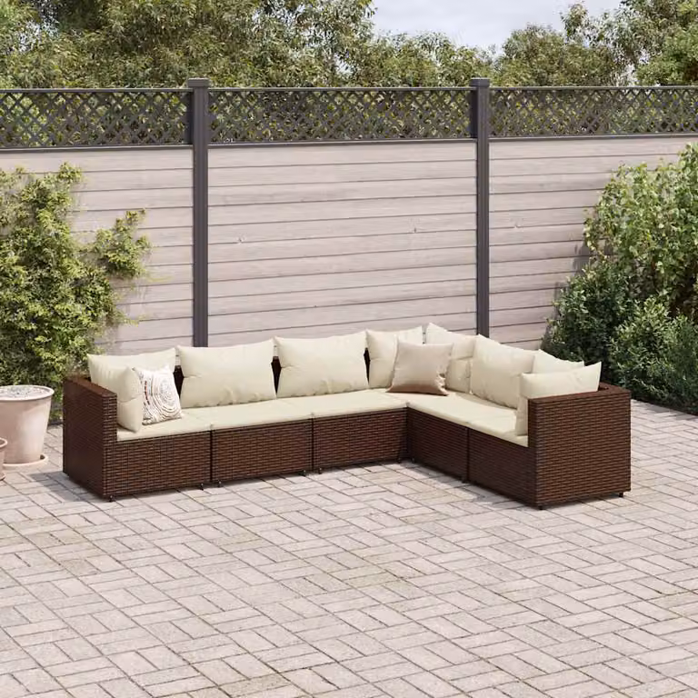 Set di mobili da giardino vidaXL a forma di L composto da 6 pezzi con cuscini in polyrattan marrone e bianco e struttura in acciaio verniciato a polvere